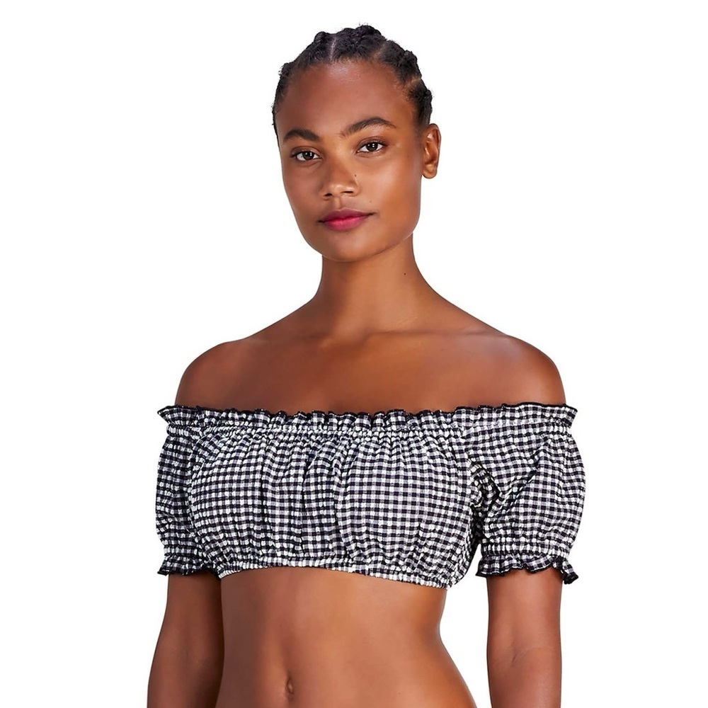 NWT Kate Spade Off The Shoulder Bikini Top Gingham Black White Padded Bandeau M - Picture 2 of 10